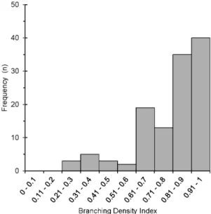 FIGURE 2.  Frequency distribution of branching density index of the studied plants (n=120).