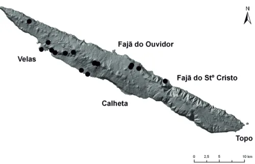 Figura 9: Distribuição das grutas e algares vulcânicos da ilha de São Jorge (adaptado de GESPEA, 2012).
