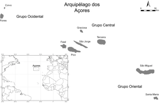Figura 1: Localização e distribuição geográfica das ilhas dos Açores.