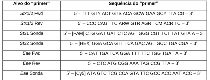 Tabela 3.2 - Sequência de “primers” e das sondas utilizados no ensaio de PCR para  a deteção dos genes stx1, stx2 e eae