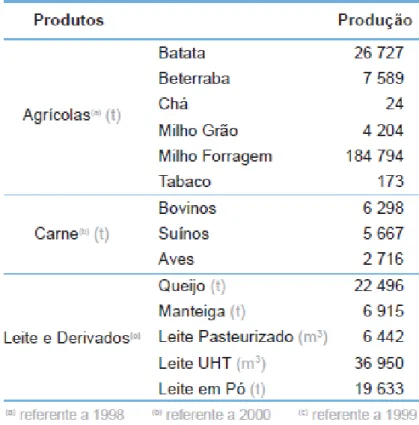 Tabela 3: A produção do setor agro-pecuário (PRA, 2001). 