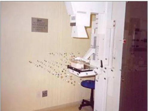Figure 1. Photograph demonstrating dosimeters arranged around the mammograph with the breast phantom in place.