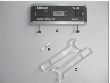 Figure 1. Apparatus for measurement of the scapular inclination angle. A, digital protractor; B, water level; C, extension arms.