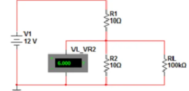 Figura 1. Demonstração do divisor de tensão R1=10Ω . Fonte: Próprio autor utilizando software Multisim .