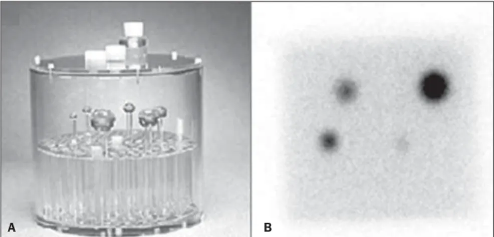 Figure 1. Image of the Jaszczak phantom utilized in the experiment (A) and lateral view showing the spheres positioning (B).