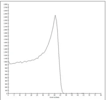 Figure 6. Bragg peak profile related to the 62 MeV energy of the proton beam without modulation, rep- rep-resented by the deposited energy in eV versus multiples of the depth of the number of voxel in 0.5 mm