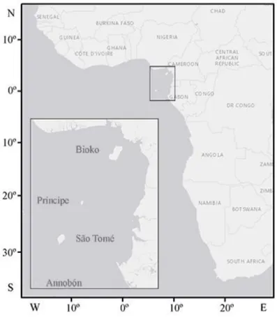 Fig. 1.  Location of islands in the Gulf of Guinea relative to the African coast.