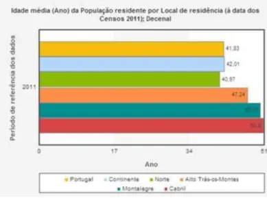 Figura 3.9: Idade mádia da população residente por local de residência. Fonte: INE (2013)