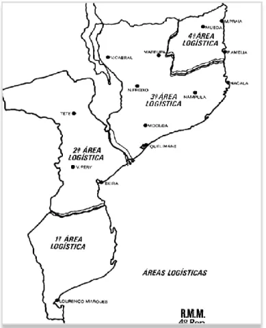 Figura 1 - Divisão da Província de Moçambique em quatro áreas logísticas  Fonte: Estado-Maior do Exército, 1988 