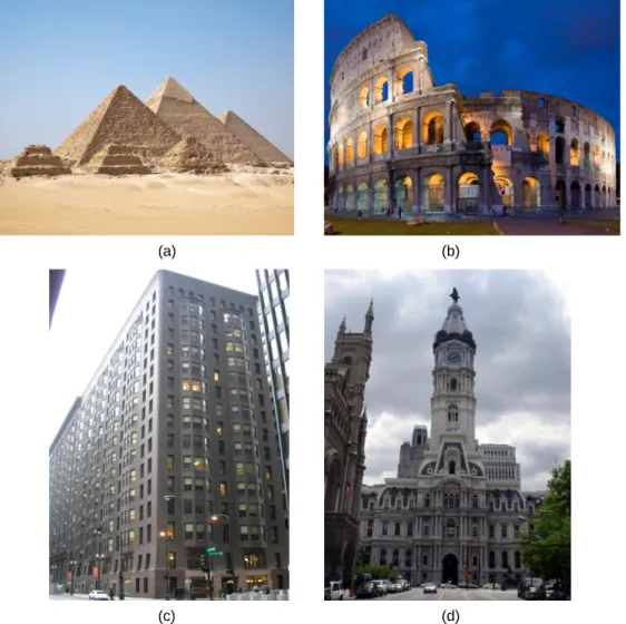 Fig. 2.1 - Exemplos de construções em alvenaria: (a) Pirâmides de Gisé, Egipto - 2550 a.C, (b) Coliseu de Roma,  Itália-70 d.C., (c) Edifício Monadnock, E.U.A-1891 e (d) Philadelphia City Hall, E.U.A-1901 