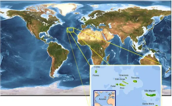 Figure 1-Bathimetric image of the Earth and location of the Azorean archipelago. Retrieved and adapted  from Planetary Visions 2008