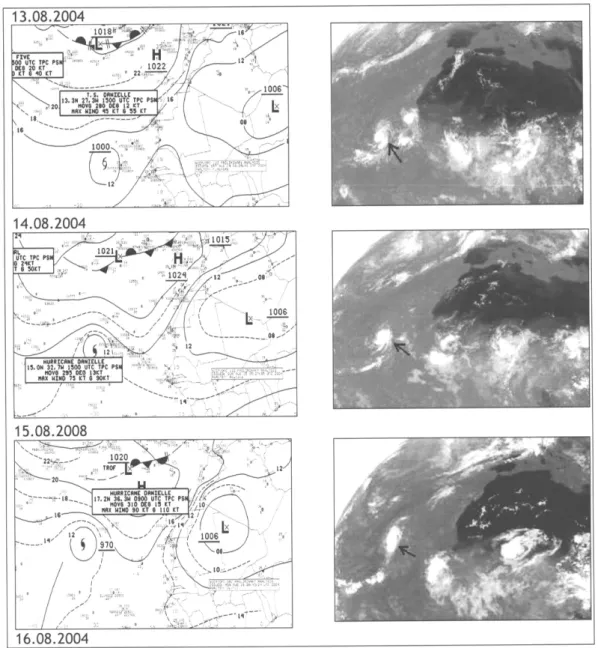 Figura  3.í  Desenvolvimento  sequencial  da  onda  de  leste  nas cartas  sinópticas  de superficie(a) e  nas  imagens de satélite  (b) de 9  a  í  6 de  Agosto  de 2004
