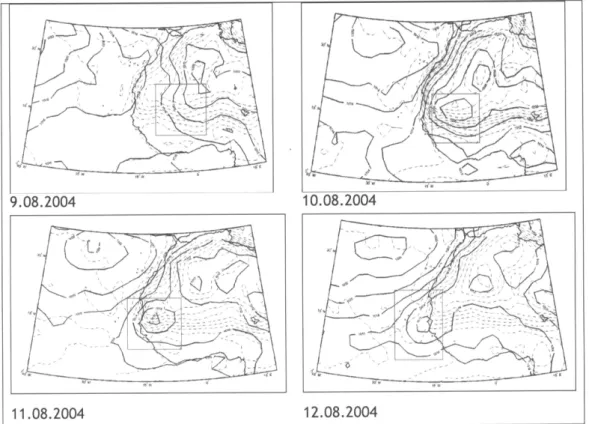 Figura  3.2  Campos  de  pressão (hPa)  e temperatura  (K) à superfície  no  período  de 9  a  12 de  Agosto  de  2OO4;  ----  temperatura;  pressão