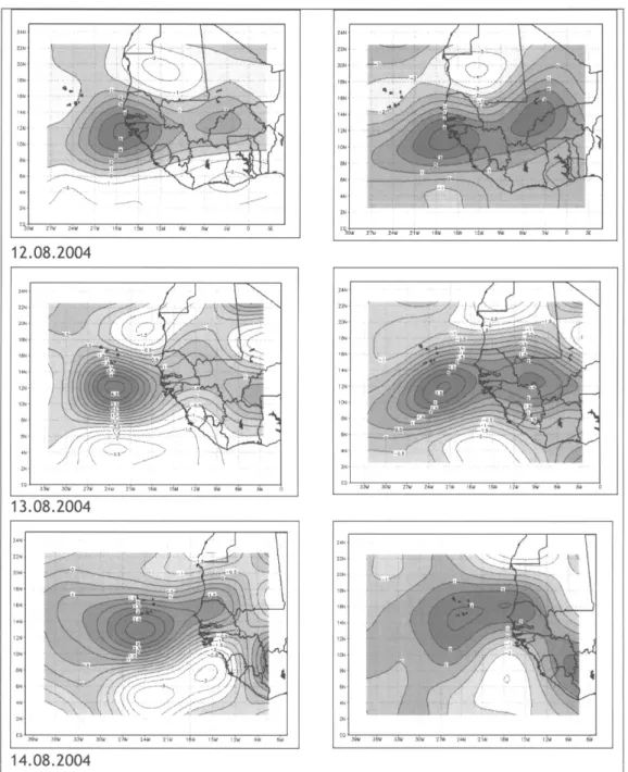 Figura 3.6  Campos da  vorticidade  nos  níveis  de 850hPa(a)  e  700hPa  (b),  no período de 9  à í  4 de Agosto de 2004, às  I  2:00UTC.