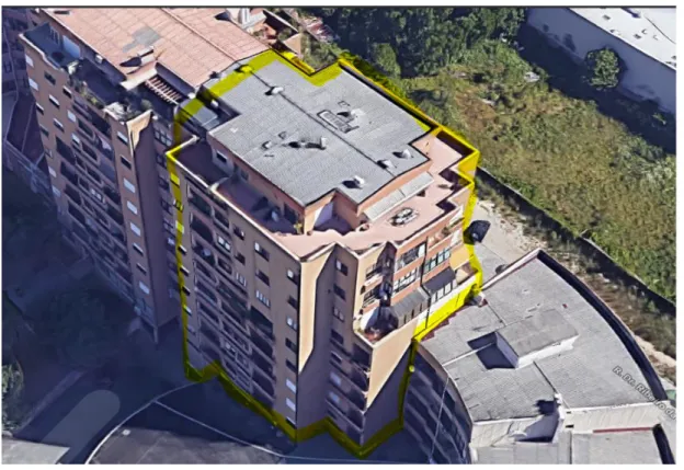 Figura 10: Vista 3D com a delimitação do edifício; Google Maps 2019 