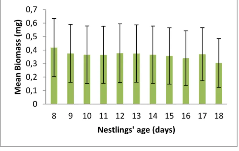 Fig.  4.  Mean  biomass  per  bolus  consumed  by  barn  swallow  nestlings  in  each  period:  19-30  April (1), 1-19 of May (2) and 20-31 of May (3).