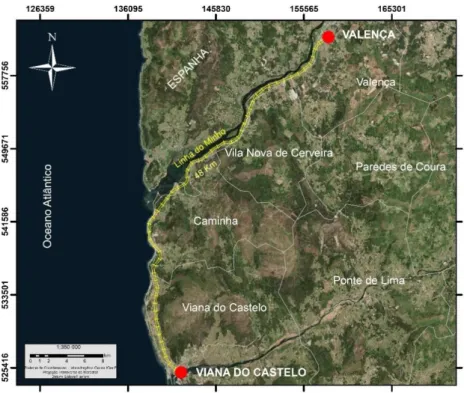 Figura 3. Mapa de localização do troço Viana do Castelo - Valença na linha do Minho. 