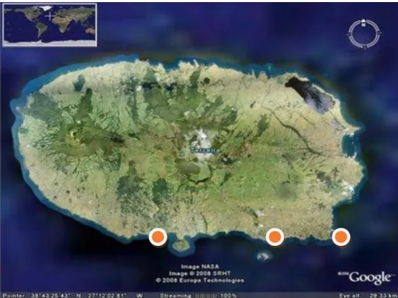 Figura 12. Imagem do Google Earth da ilha Terceira com as localizações das áreas de estudo