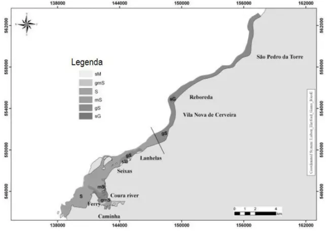 Tabela 3.7 – Composição granulometrica dos sedimentos do fundo (CEDEX, 2004 retirado de LNEC, 2007)