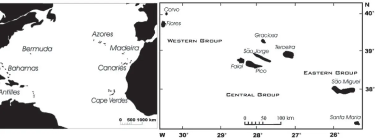 Fig. 1.  Map of the Northern Atlantic islands (left), Azores archipelago (right) (modified from Schaefer et al