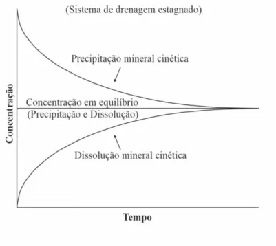 Figura 6 - Tendência de evolução das reações minerais cinéticas e em equilíbrio (adaptado de Morin &amp; Hutt, 2001)