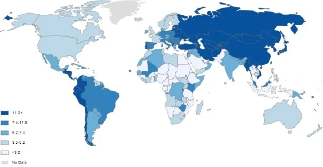 Figure  1.4  -  Age-standardized  incidence  rates  (World)  per  100.000  habitants  of  gastric  cancer  in  both  sexes (Ferlay et al., 2013) 
