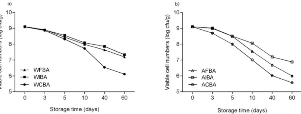 Figure 2. Survival of B. animalis subsp. lactis BB-12 during storage (60 days) at room (23 °C)  temperature in (a) whey protein isolate (WPI)-based and (b) alginate (ALG)-based films with or  without prebiotic incorporation