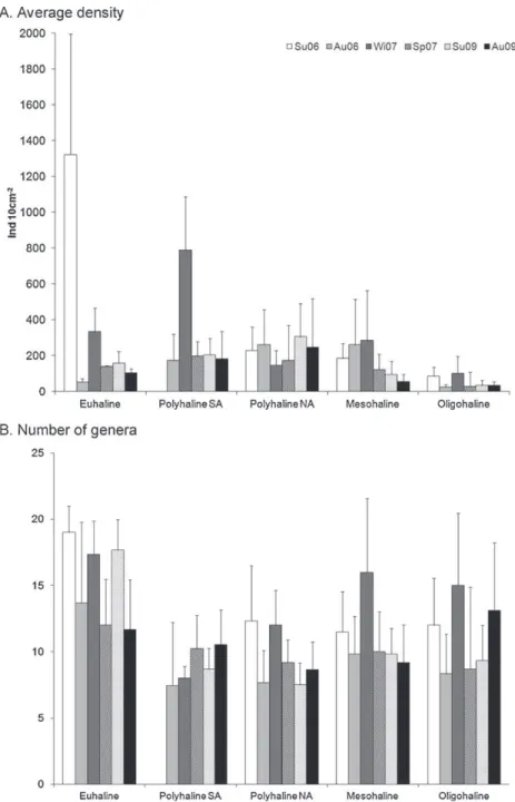 Fig. 4. Nematode community in each “area” (Oligohaline, Mesohaline, Polyhaline North Arm, Polyhaline South Arm and Euhaline) during the study period (Su06, Summer 2006; Au06, Autumn 2006; Wi07, Winter 2007; Sp07, Spring 2007; Su09, Summer 2009; Au09, Autum