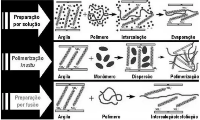 Figura 2.7 - Métodos de preparação de nanocompósitos de argila (Quispe et al.,2007). 