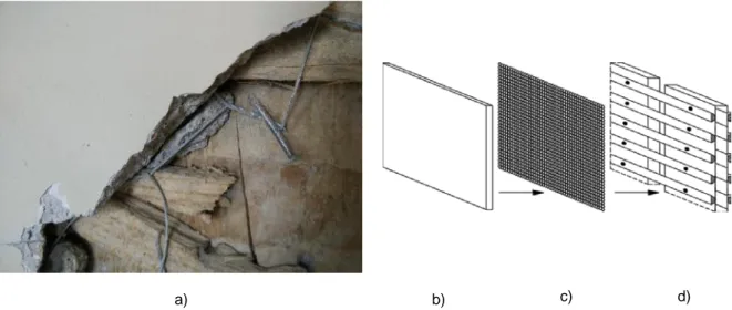 Figura 4.7 – Parede de tabique interior revestida com cimento e rede de “galinheiro” pregada às tábuas  interiores de suporte