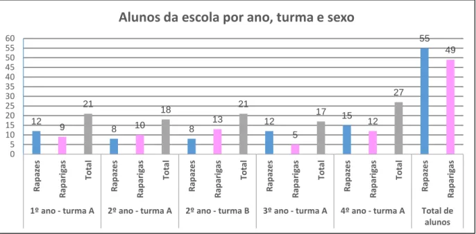 Figura 2 – Gráfico representativo dos alunos da escola por ano, turma e sexo