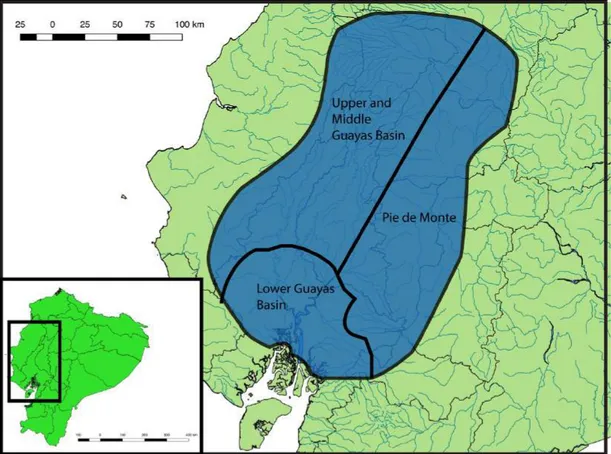 Figure 8: General Map of The Guayas Basin, Coastal Ecuador. (Based on Delgado-Espinoza 2002)