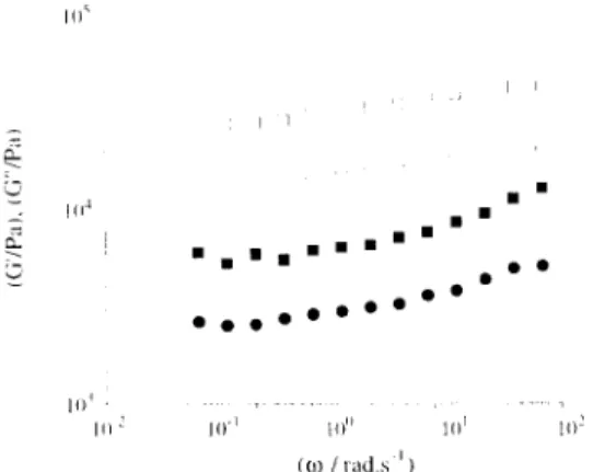 Fig.  1.  Frequency  dependence  of  G’  and  G”  viscoelastic  moduli  of  control  cheese  (u-G’.W’?‘)  and  whey  cheese  prepared  at  95°C  for  60  min  with  addition  of  10%’ ovine  milk  (:~-G’,  o-G”)