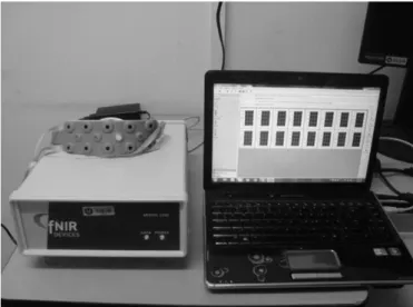 Figure 2. Participant seated using fNIR device to obtain blood flow during motor imagery.