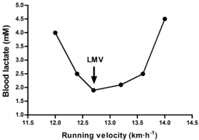 Figure 2. Example of critical velocity (CV) determination using the  distance-time linear model for the participant#1 (CV= 12.6 km·h -1 ).