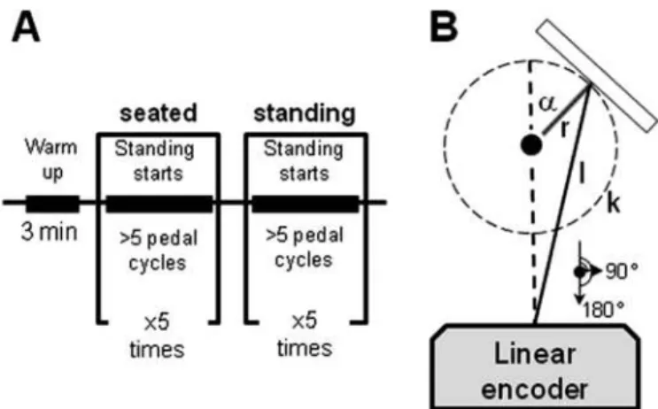 Figure 1. (A) Schematic description of the experimental procedure. (B)  Schematic description of the measurement of the crank angle using a linear  encoder attached to the pedal (see text for details)