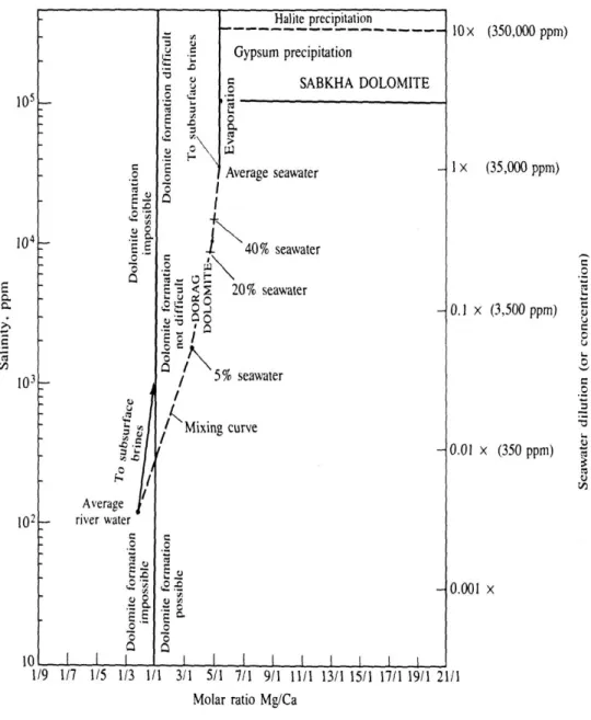 Fig. 8 – Relação entre a salinidade, a razão Mg/Ca e a origem da dolomite, baseada em observações de campo e experiências  laboratoriais (Blatt 1992)