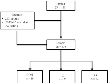 Figure 1. Flowchart of all invited and tested students. CON - con- con-trol group that did not use the diary and did not receive guidance on  healthy lifestyles (GHL); G - group that did not use the diary, but re  -ceived GHL; DG - group that both used the
