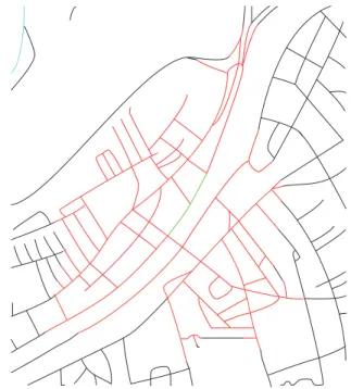 Figure 2: Example of a 500 m accessibility analysis. The green line  corresponds to the “origin”, while all red lines show the area covered  by a 500 m walk from it