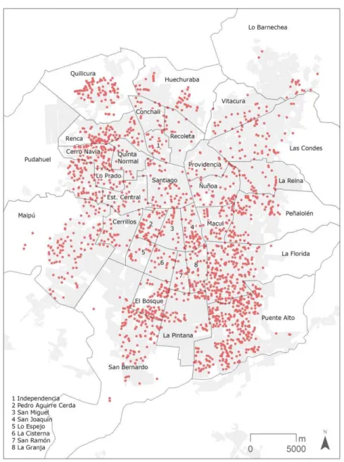 Figure 3: The 1,981 outdoor gyms in public spaces currently in operation in Santiago. Source: own elaboration 45 45 51 54 58 69 80 85 85 87 90 96 103 215 295 30 33 46 47 18 18 20 22 22 23 24 5029303920350172550150250 0300200100 10
