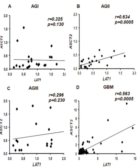 Figure 2 - Correlation between ASCT2 and LAT1 mRNA expression levels in diferent grades of astrocytoma