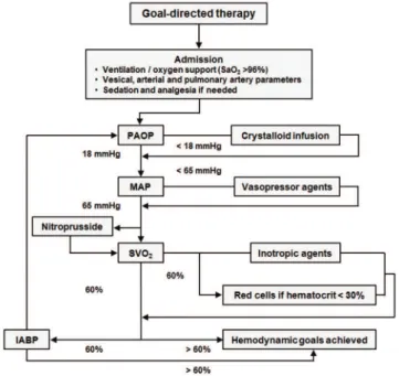 Figure 1 -Study protocol to the goal-directed therapy. Pulmonary artery occlusion  pressure (PAOP); Mean arterial pressure (MAP); Arterial oxygen saturation (SaO 2 ); Venous  oxygen saturation (SVO 2 ); IABP (intra-aortic balloon pump)