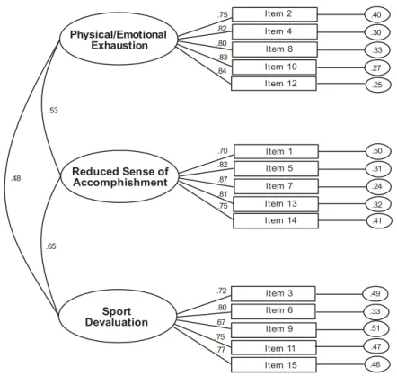 Figure  1  shows  the  factorial  structure  of  the  model  proposed.  It  can  be  seen  immediately that CFA supports the hypothesis of the presence of three factors, with five items  per  factor,  as  demonstrated  by  the  goodness-of-fit  indices:  χ