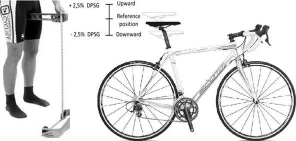 Figure 1. Saddle height calculated from the distance from the pubic symphysis to the ground  (DPSG) and the three positions adopted during the Wingate tests: upward (+2.5% 