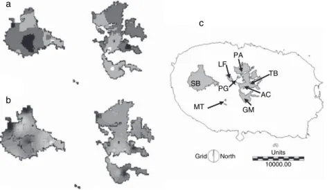 Figure 1 Interpolated maps using a distance-weighted average of the number of endemic species within the natural vegetation of Terceira Island (a), and residuals of the final model built with the chosen explanatory variables (b)