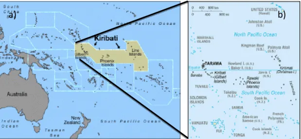 Figura 9: a) Localização da República de Quiribati, b) Ampliação do mapa com a localização da  República de Quiribati (Republic of Kiribati s.d.)