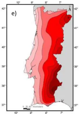 Figura 26: Número máximo de dias consecutivos com temperatura máxima superior a 35ºC (dias muito  quentes): a)controlo HadRM2; b) controlo HadRM3; c) cenário IS92a HadRM2; d) cenário A2 HadRM3; 