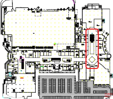 Figura 4.1. – Planta piso 0 do Arrábida Shopping, com área em estudo destacada a traço vermelho