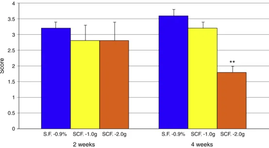 Fig. 3 – Degree of inflammation comparing animals subjected to intervention with 0.9% saline, SCF 1.0 g/kg/day and 2.0 g/kg/day for 2 and 4 weeks