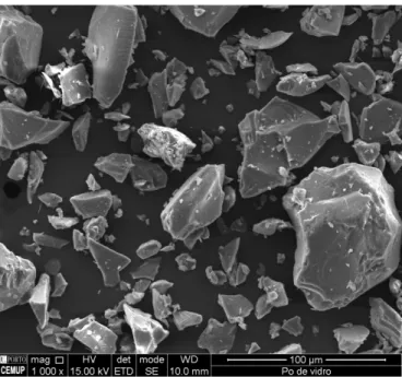 Fig. 37 – Pó de vidro observado num microscópio eletrónico de varrimento com uma ampliação de 1000 x 